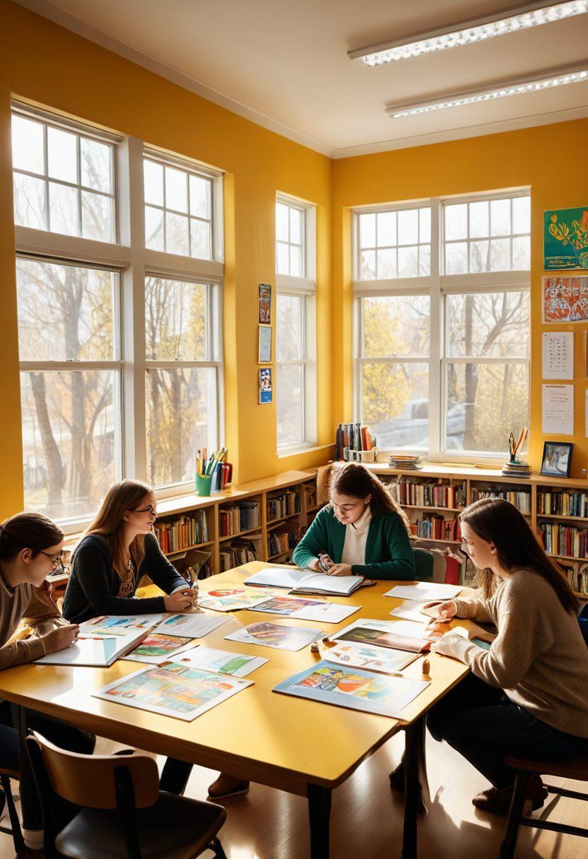 A cozy study room filled with books and colorful educational posters, featuring diverse students engaged in group discussions, exploring interactive digital tools and writing notes. The ambiance is warm and inviting, with sunlight streaming through the window, creating a sense of inspiration and collaboration. super-realistic. vibrant colors. bright classroom environment.