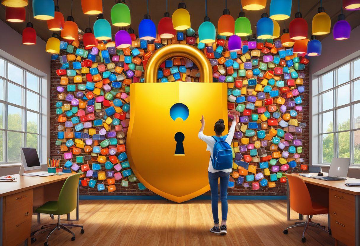 A student joyfully unlocking a giant, golden padlock that symbolizes academic success, surrounded by books, laptops, and glowing lightbulbs representing insights and ideas. The background features a vibrant classroom setting with inspiring quotes on the walls and diverse students collaborating. The overall atmosphere should exude positivity and motivation. super-realistic. vibrant colors. 3D.